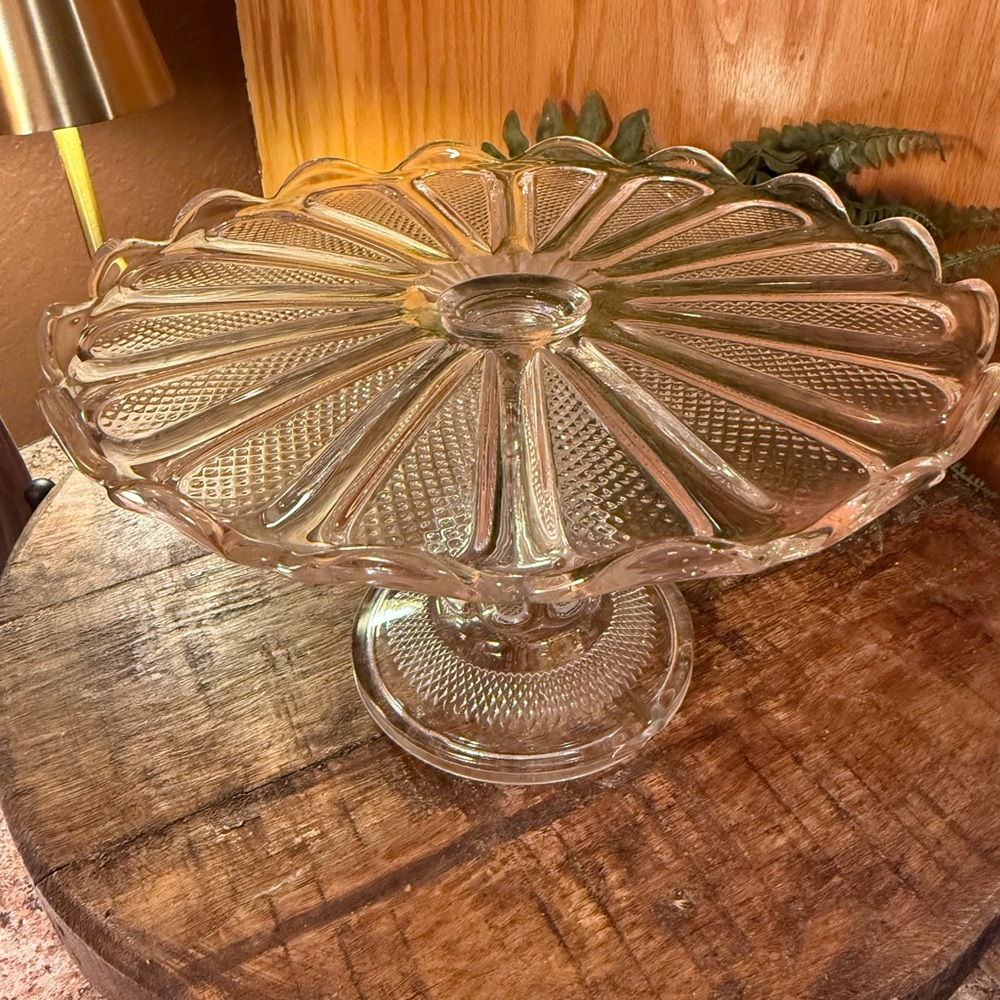 Vintage Clear Pressed Glass Pedestal Cake Stand Sunburst Pattern Scalloped Edge
